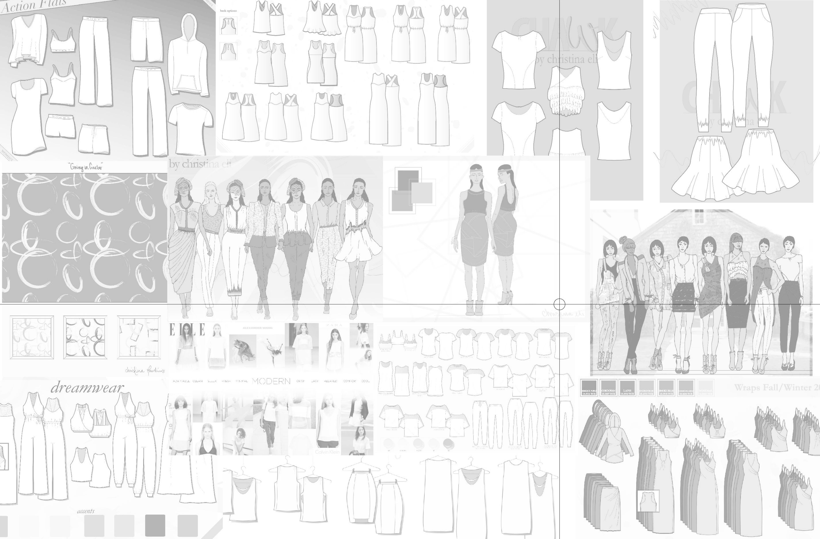 Montage of design work: sketches, swatches and layouts